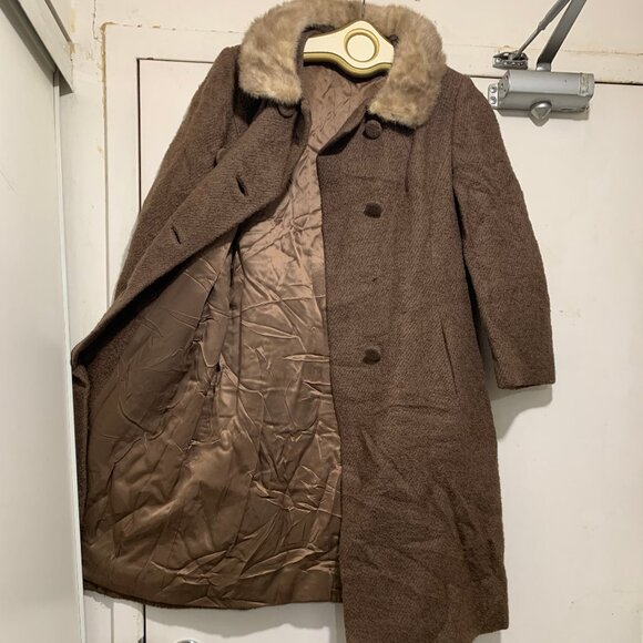 VINTAGE UNION LABEL REAL FUR COLLAR WOOL TRENCH COATS SIZE S - Picture 7 of 13